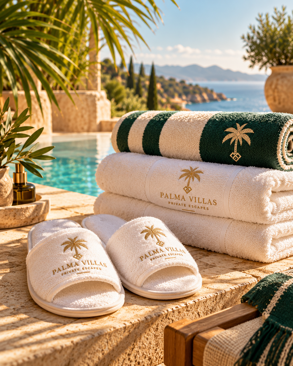 Palma Villas towels and slippers beside a resort pool.