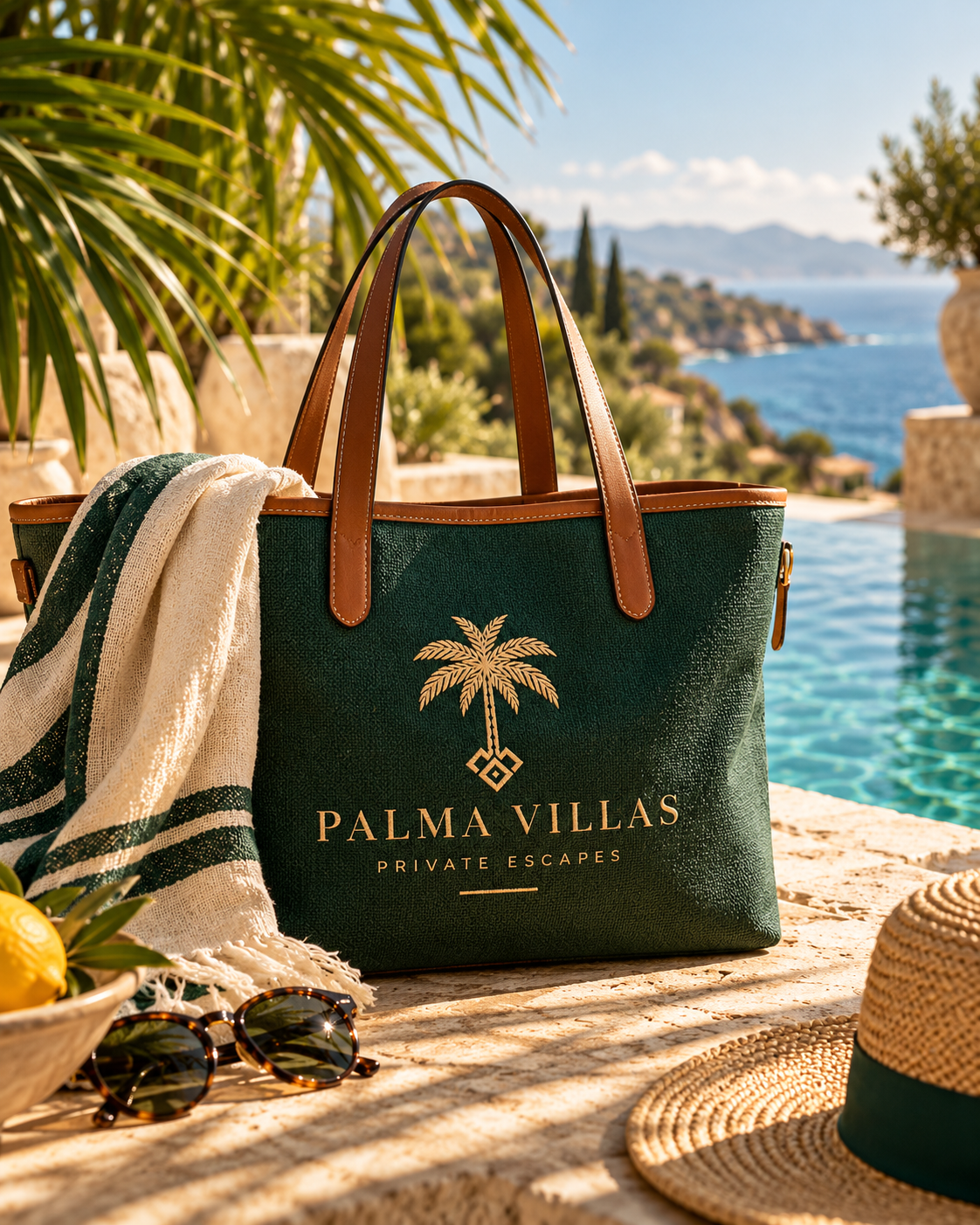 Deep-green Palma Villas beach bag with a gold palm beside the pool.