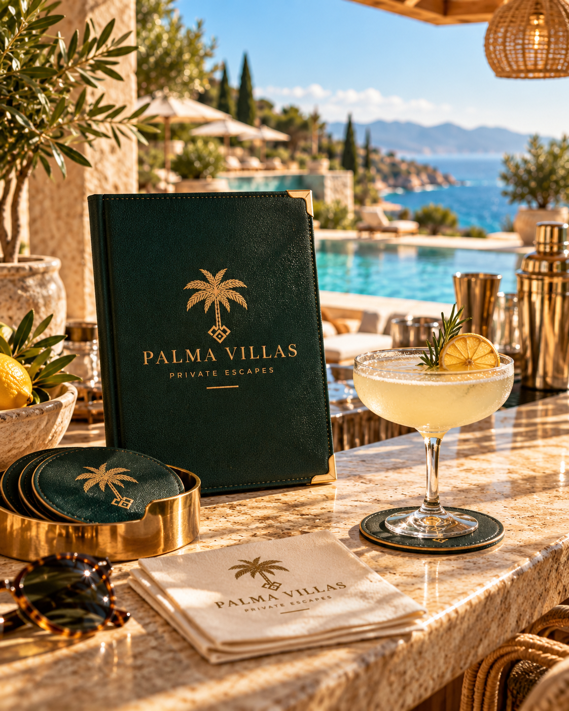 Deep-green Palma Villas menu and a cocktail on a terrace overlooking the sea.