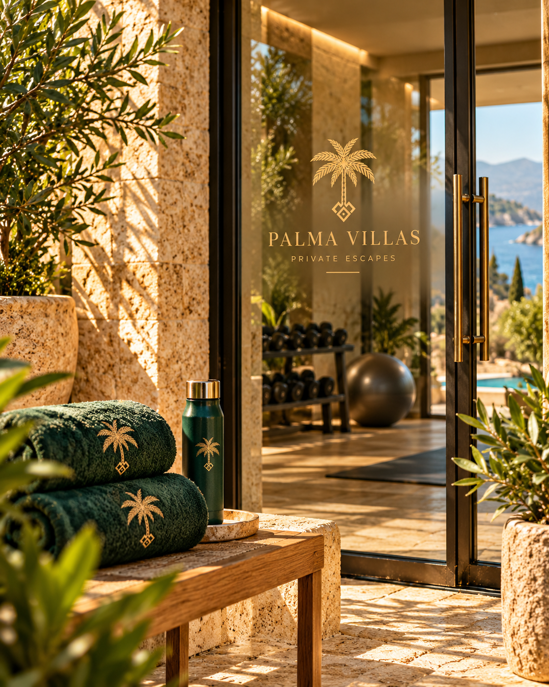 Palma Villas logo on a glass entrance beside branded towels and a water bottle at a sunlit resort.