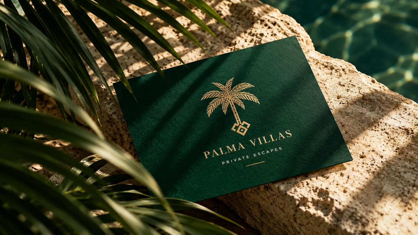 Palma Villas business card with a gold palm on deep green.