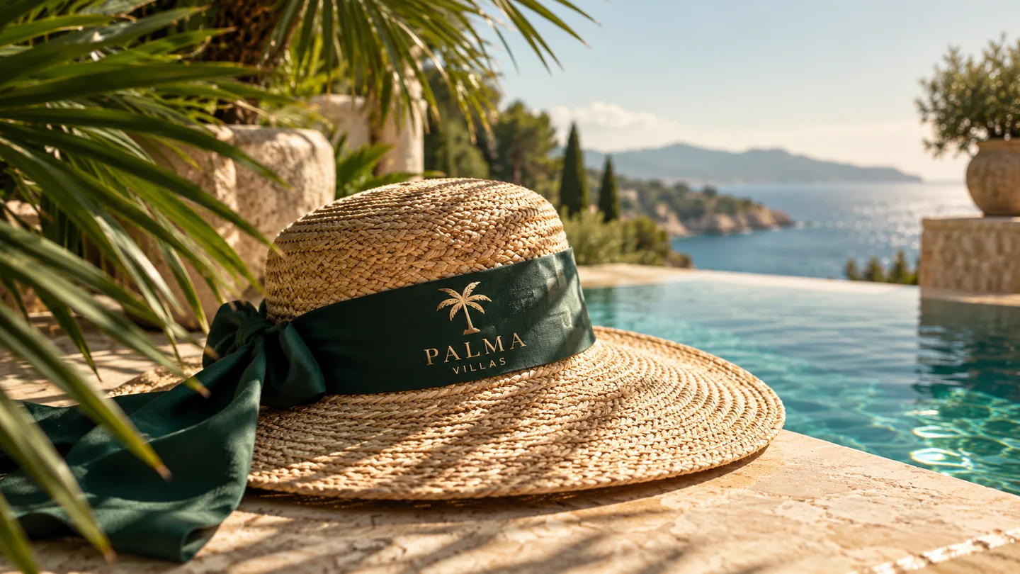 Palma Villas sun hat beside a turquoise pool overlooking the Mediterranean coast.