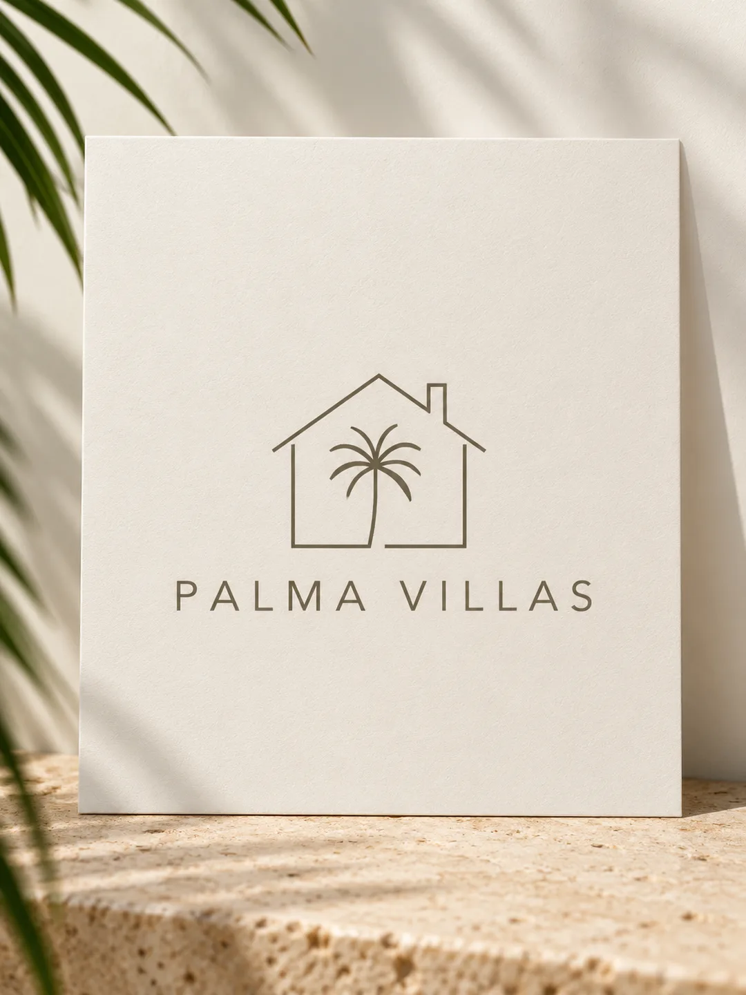 First logo concept: a palm and house outline drawn in fine lines on pale paper.