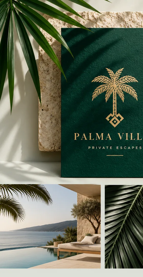 Palma Villas identity board with an embossed deep-green logo, coastal villa and palm foliage.