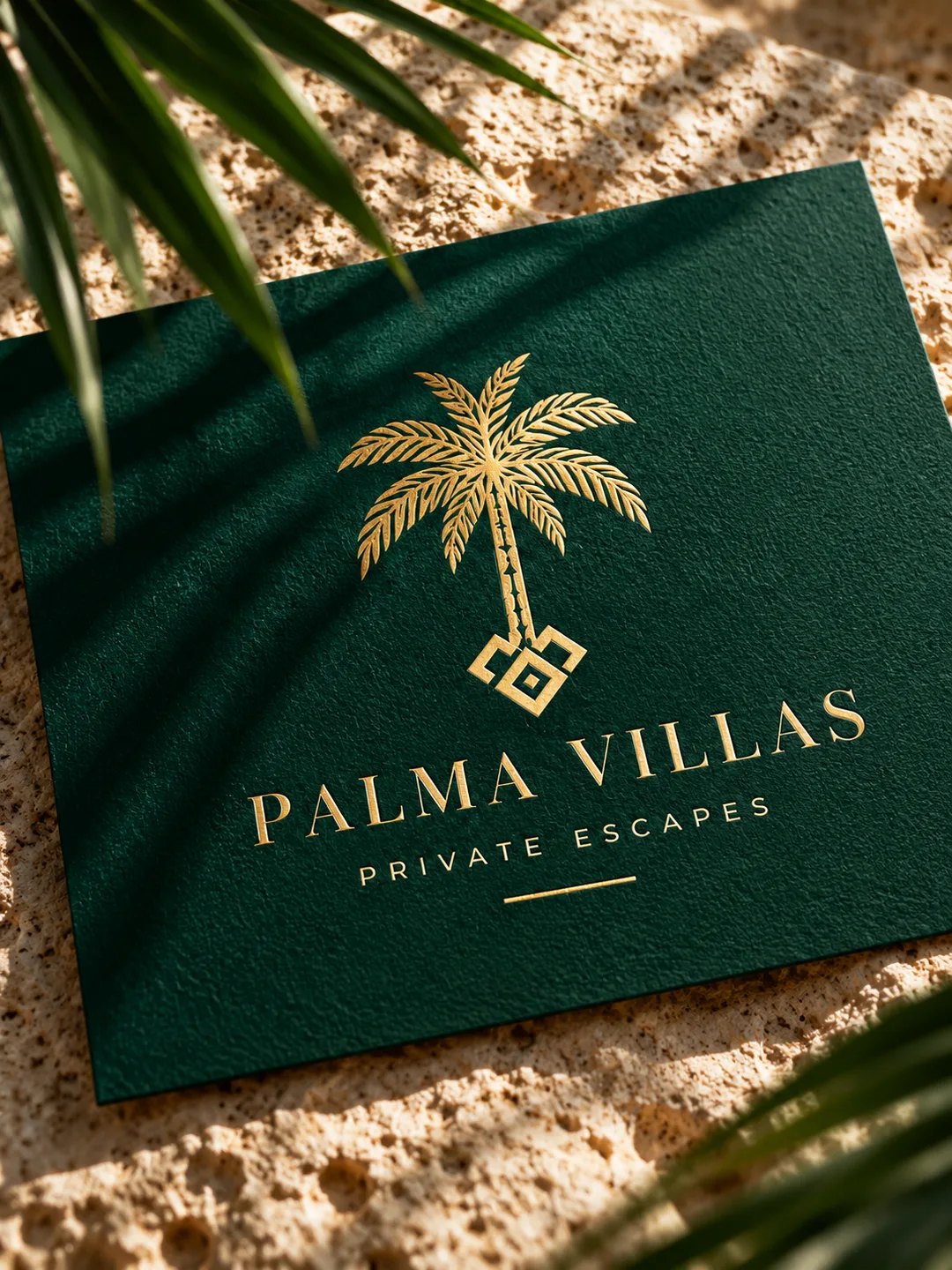 Close view of the Palma Villas mark on embossed deep-green paper.
