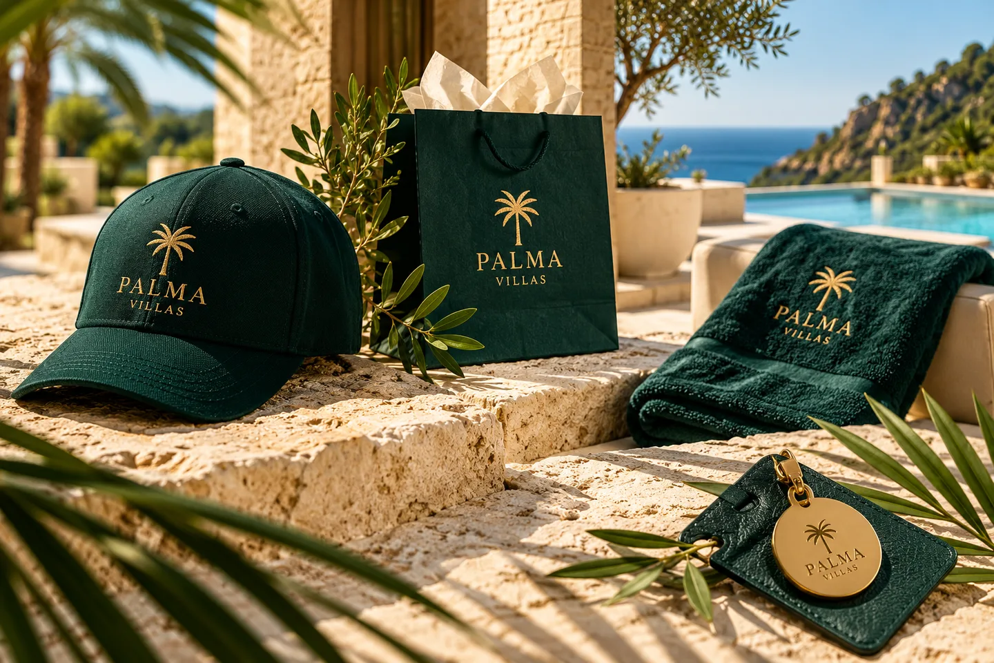 Palma Villas resort accessories in deep green and gold beside a pool.
