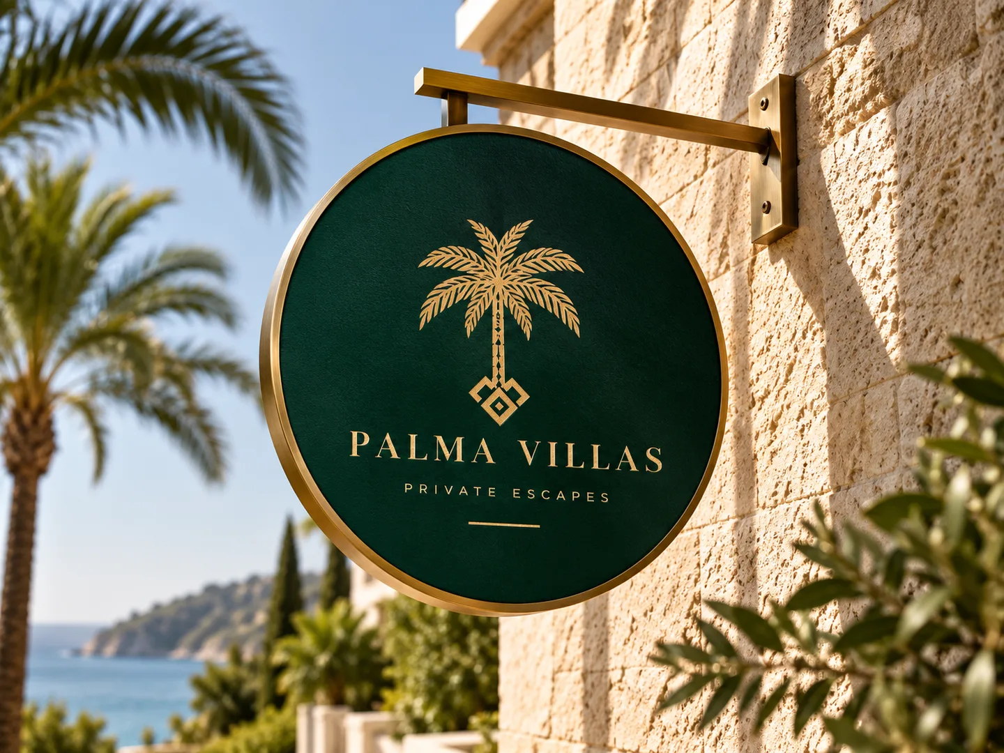 Round deep-green Palma Villas sign on a sunlit stone facade by the sea.