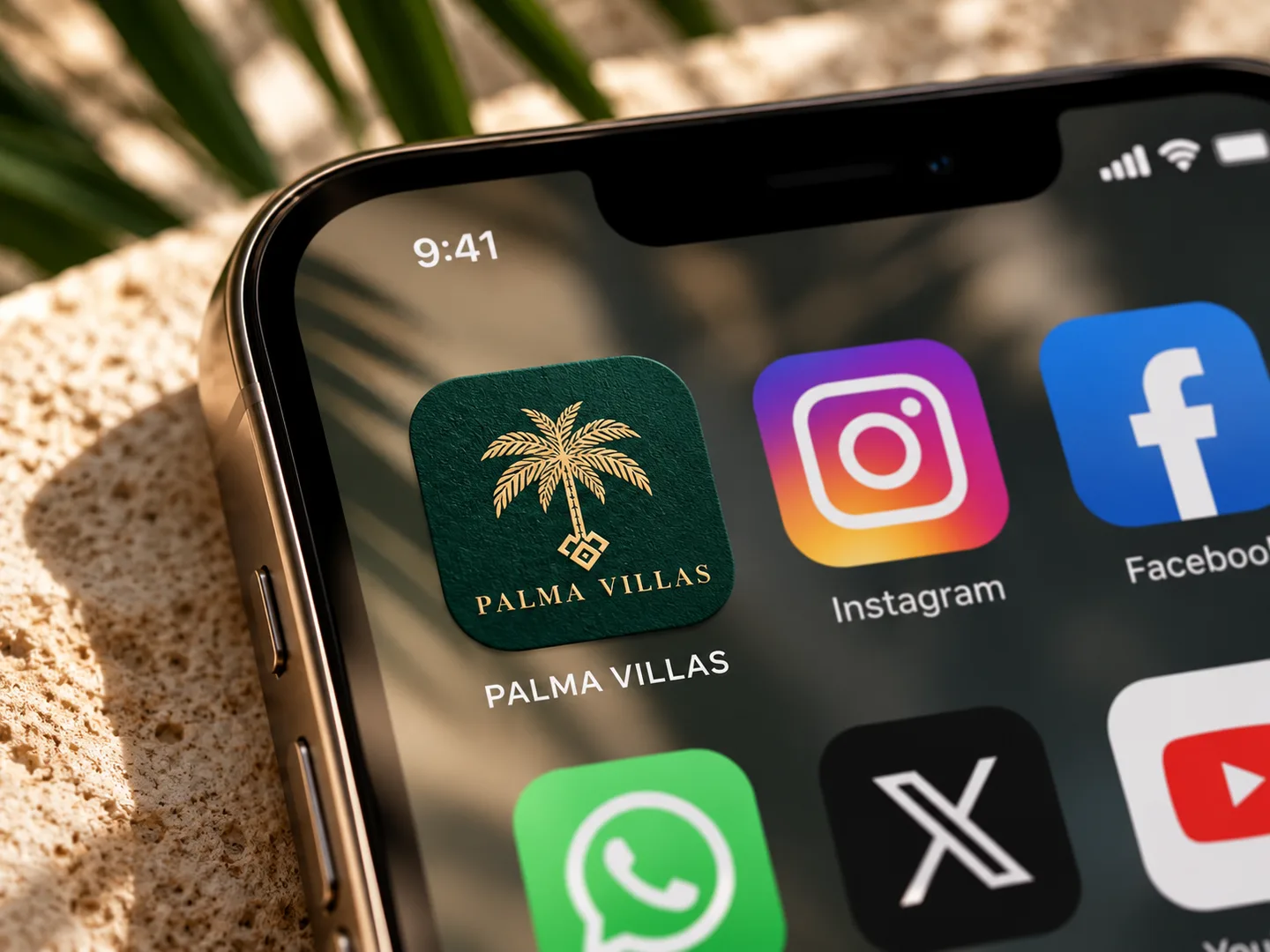 Palma Villas mark used as an app and social icon on a smartphone.