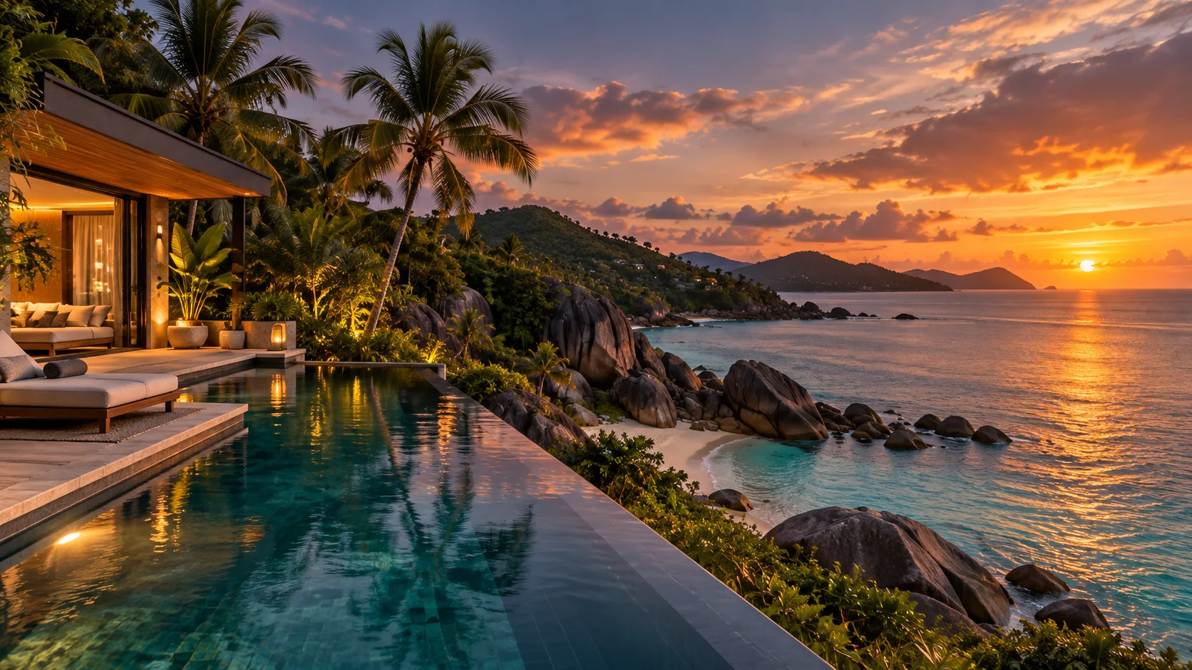 A villa on the Indian Ocean at sunset