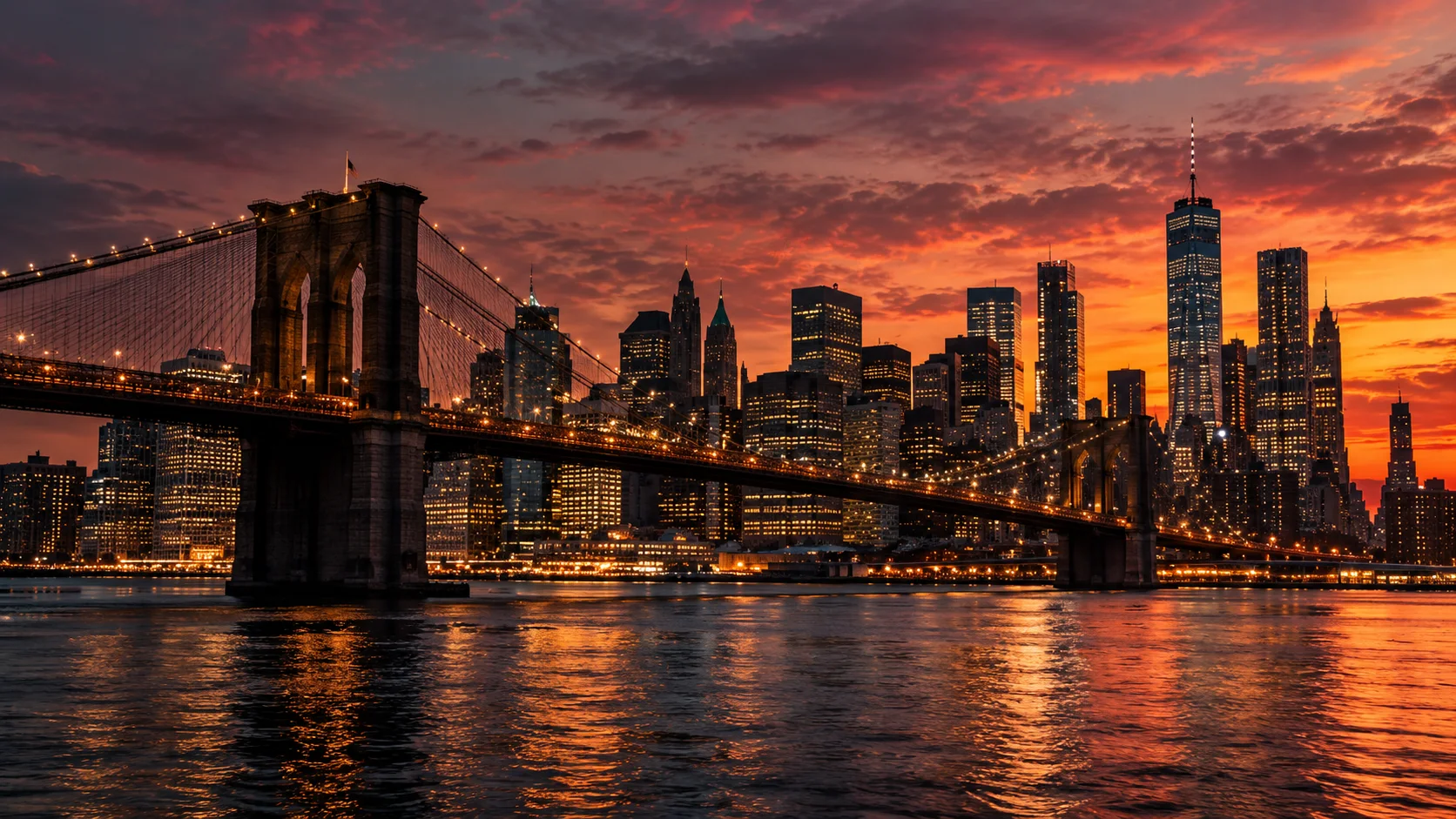 Brooklyn Bridge and New York City skyline at sunset