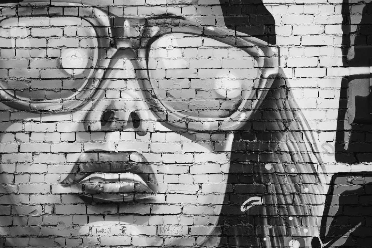 Schwarz-weißes Graffiti-Porträt an einer Backsteinwand