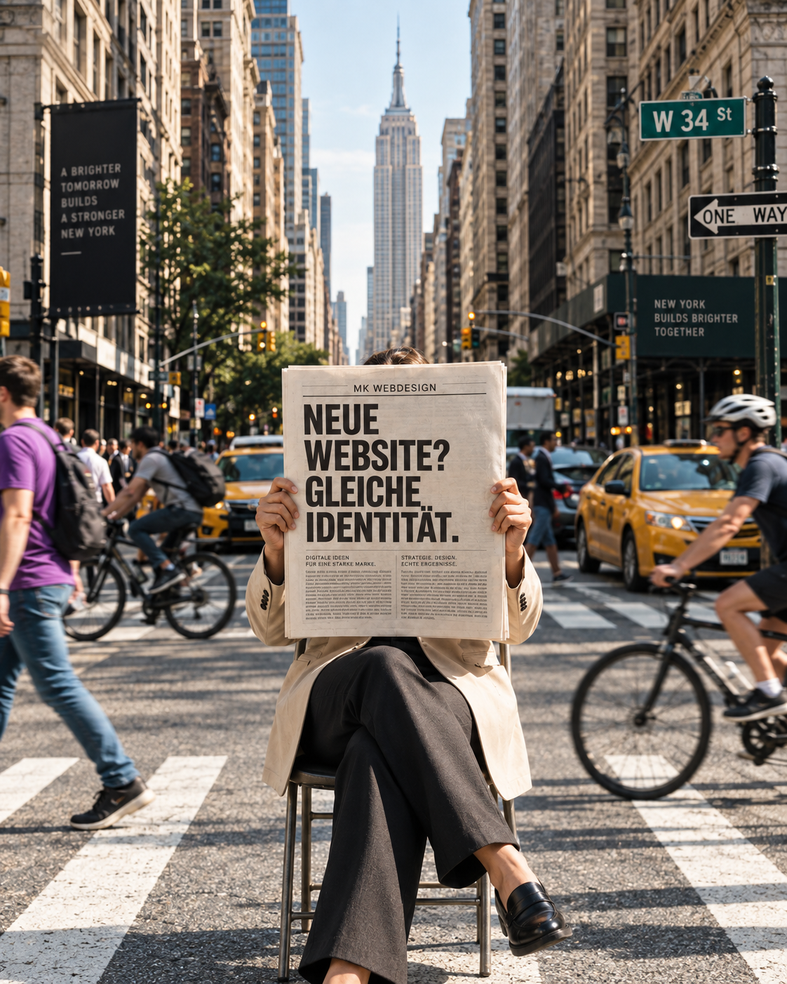Person holding a newspaper reading: New website? Same identity.